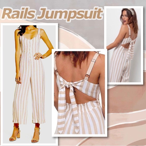 Rails Anthropologie Linen canyon stripe jumpsuit back bow cutouts NEW Re $160 XS - Picture 11 of 16